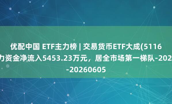 优配中国 ETF主力榜 | 交易货币ETF大成(511690)主力资金净流入5453.23万元，居全市场第一梯队-20260605